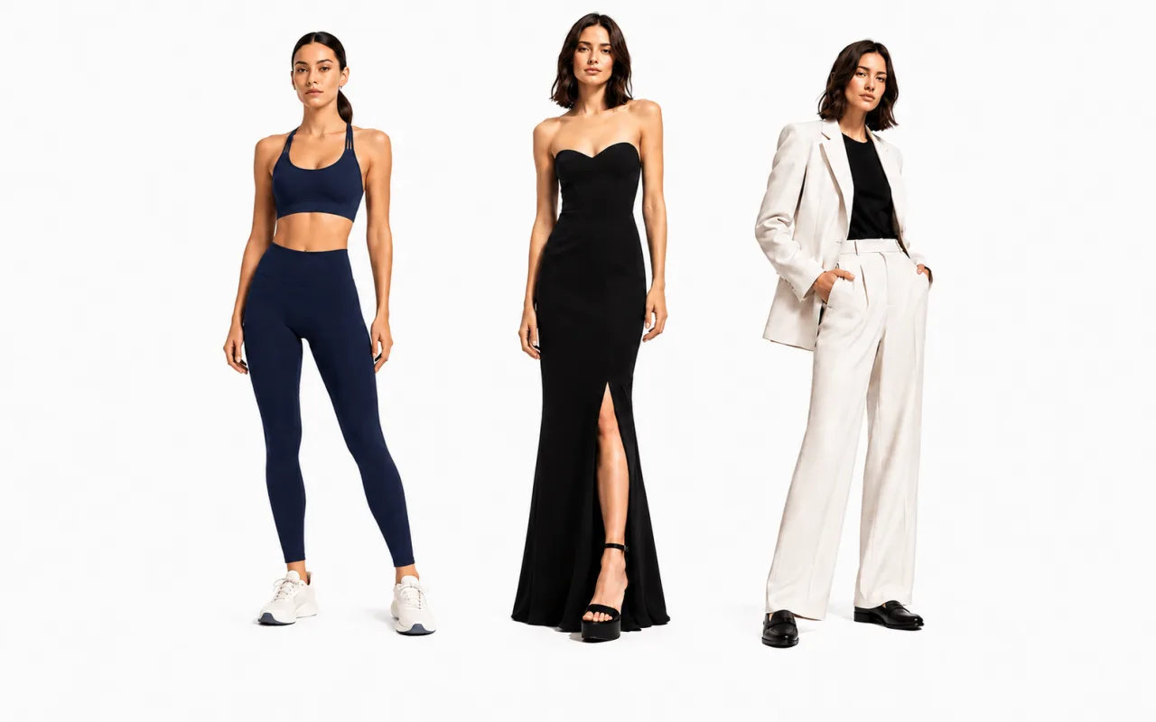 Fashion looks across athletic, evening, and professional styles